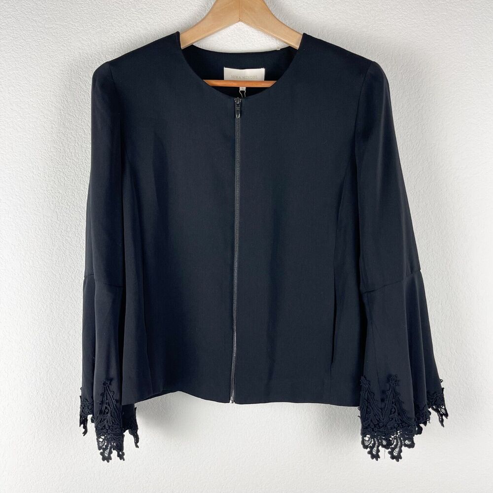 Mika‎ Mindel Blazer Jacket Womens Medium Black Full Zip Lace Career Office NEW
